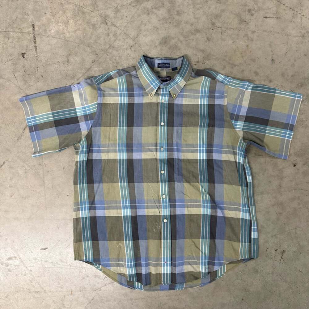 C.F. Hathaway Bedeford Pop. Shirt XL Blue Plaid Short Sleeve